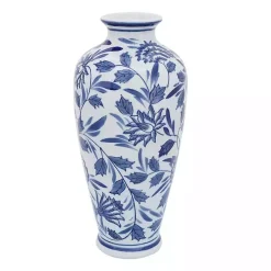 Blue & White Chinoiserie Ceramic Vase, 13 in.