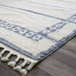 Blue & White Striped Block Border Area Rug, 8x10