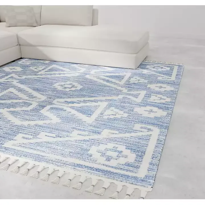 Blue & White Tribal Medallion Shag Area Rug, 8x10