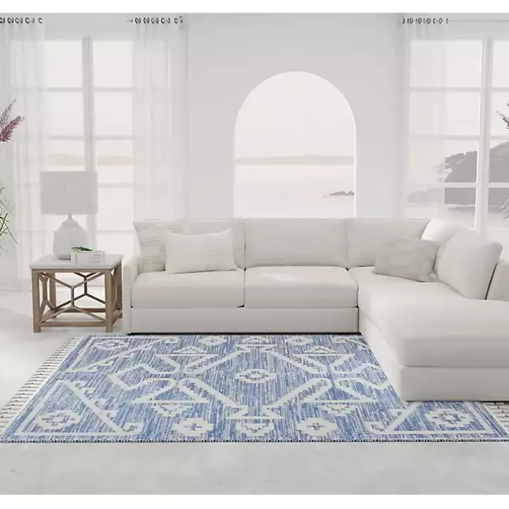 Blue & White Tribal Medallion Shag Area Rug, 8x10