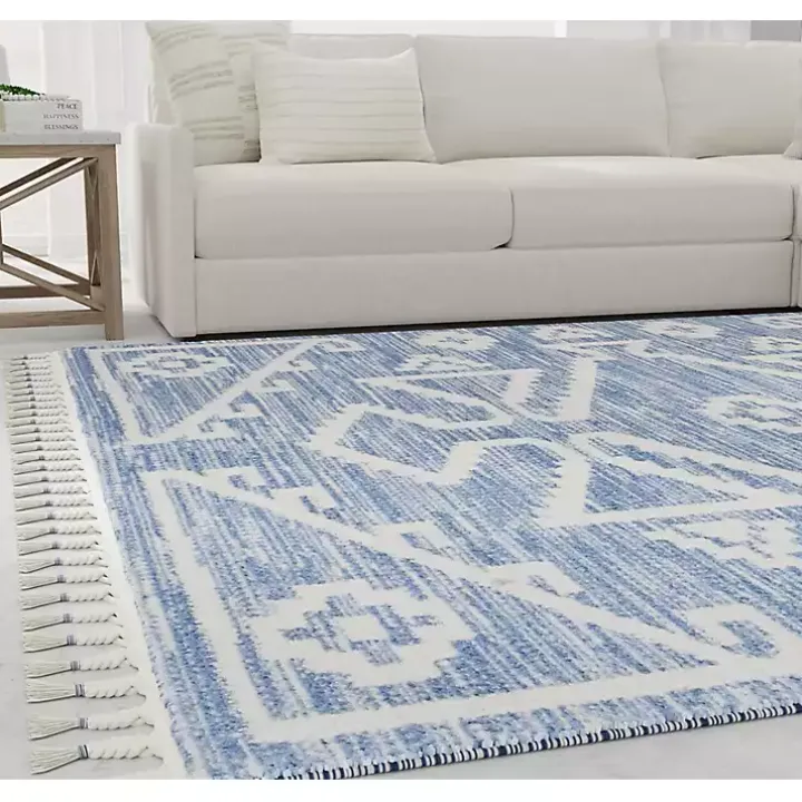 Blue & White Tribal Medallion Shag Area Rug, 8x10