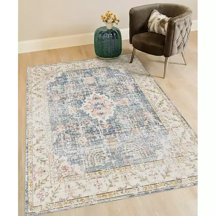 Blue and Beige Vintage Border Area Rug, 2x3