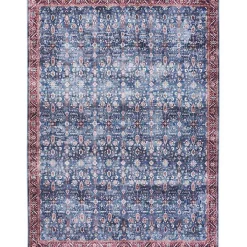 Blue and Brick Floral Washable Area Rug, 5x7