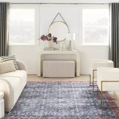 Blue and Brick Floral Washable Area Rug, 5x7