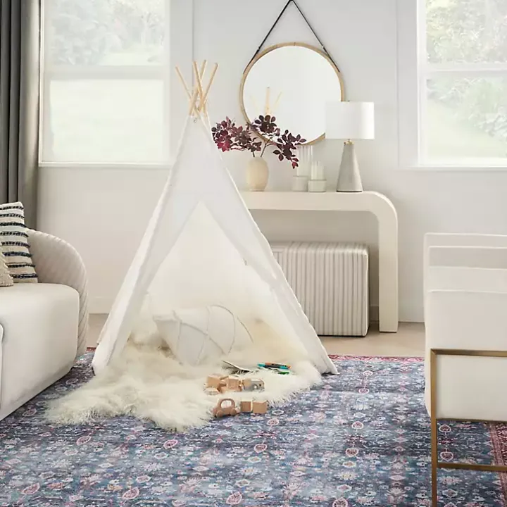 Blue and Brick Floral Washable Area Rug, 5x7