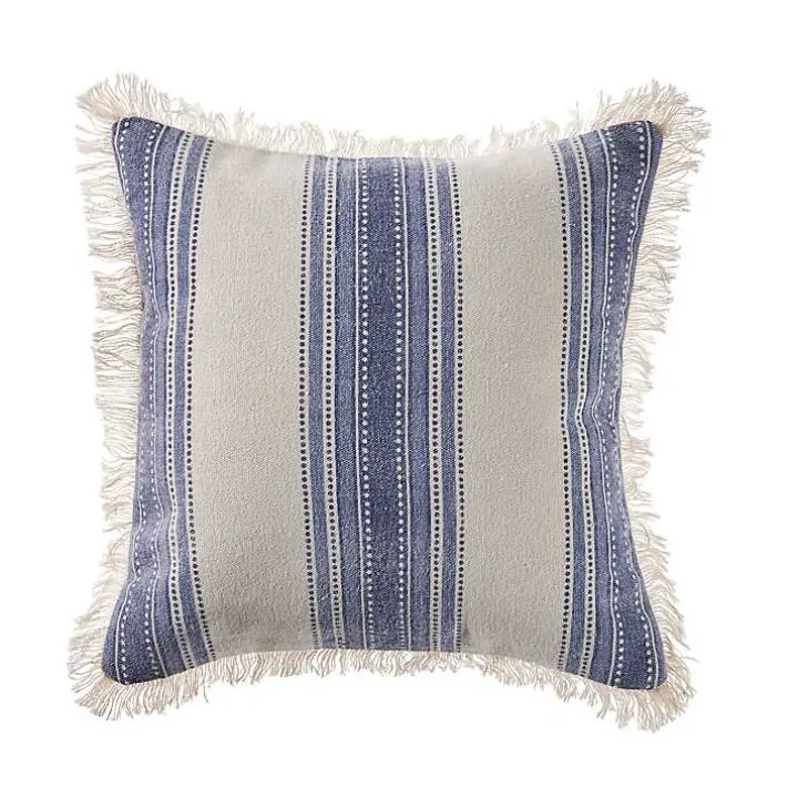 Blue and Cream Striped Accent Pillow