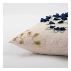 Blue and Gold Floral Fringe Pillow