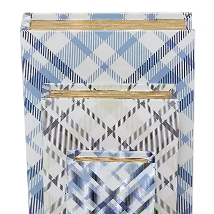 Blue and Gray Plaid Book Boxes, Set of 3