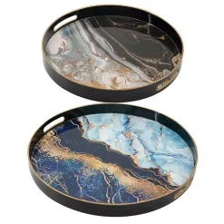 Blue and Gray Round Abstract Trays, Set of 2
