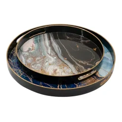 Blue and Gray Round Abstract Trays, Set of 2