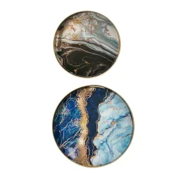 Blue and Gray Round Abstract Trays, Set of 2
