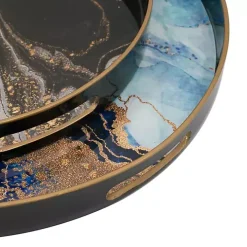 Blue and Gray Round Abstract Trays, Set of 2