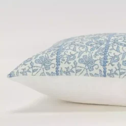 Blue and Ivory Floral Print Lumbar Pillow