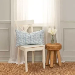 Blue and Ivory Floral Print Lumbar Pillow