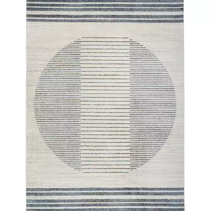 Blue and Ivory Linear Orb Washable Area Rug, 5x7