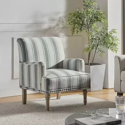 Blue and Ivory Striped Accent Chair