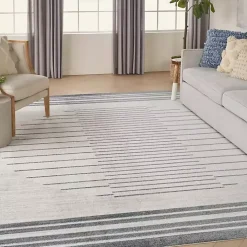 Blue and Ivory Striped Moon Area Rug, 9x12