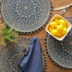 Blue and Natural Print Round Placemats, Set of 6