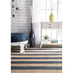 Blue and Natural Stripe Area Rug, 5x8