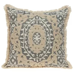 Blue and Tan Medallion Fringe Pillow