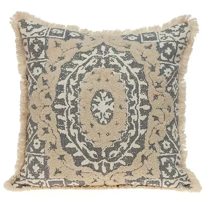 Blue and Tan Medallion Fringe Pillow