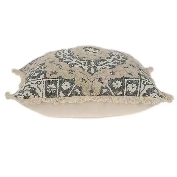 Blue and Tan Medallion Fringe Pillow
