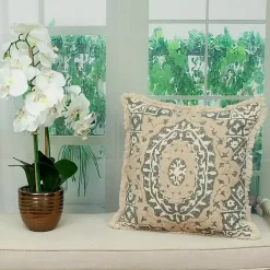 Blue and Tan Medallion Fringe Pillow