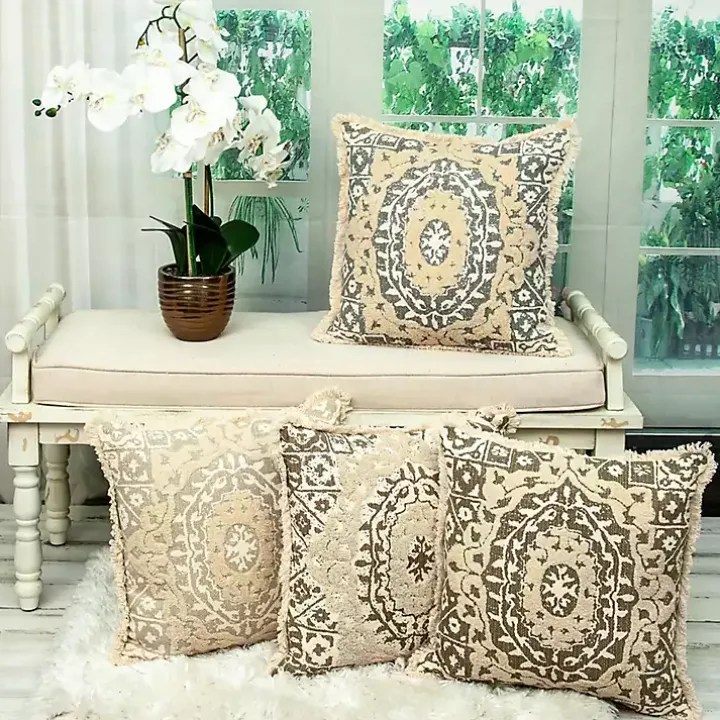 Blue and Tan Medallion Fringe Pillow