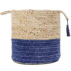 Blue and Tan Woven Jute Basket with Tassel, 17 in.