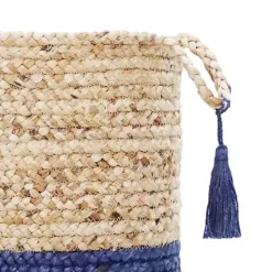 Blue and Tan Woven Jute Basket with Tassel, 17 in.