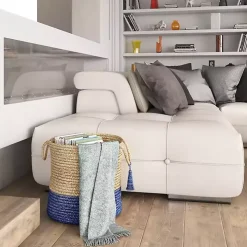 Blue and Tan Woven Jute Basket with Tassel, 17 in.