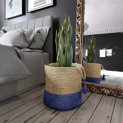 Blue and Tan Woven Jute Basket with Tassel, 17 in.