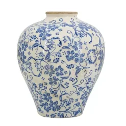 Blue and White Floral Urn Ceramic Vase, 11 in.