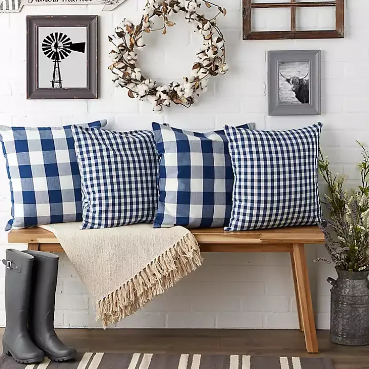 Blue and White Gingham Pillow Covers, Set of 4