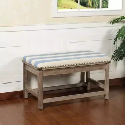 Blue and White Striped Upholstered Wood Bench