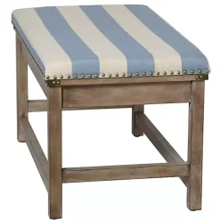 Blue and White Striped Upholstered Wood Bench