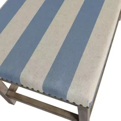 Blue and White Striped Upholstered Wood Bench