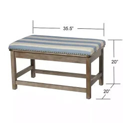 Blue and White Striped Upholstered Wood Bench