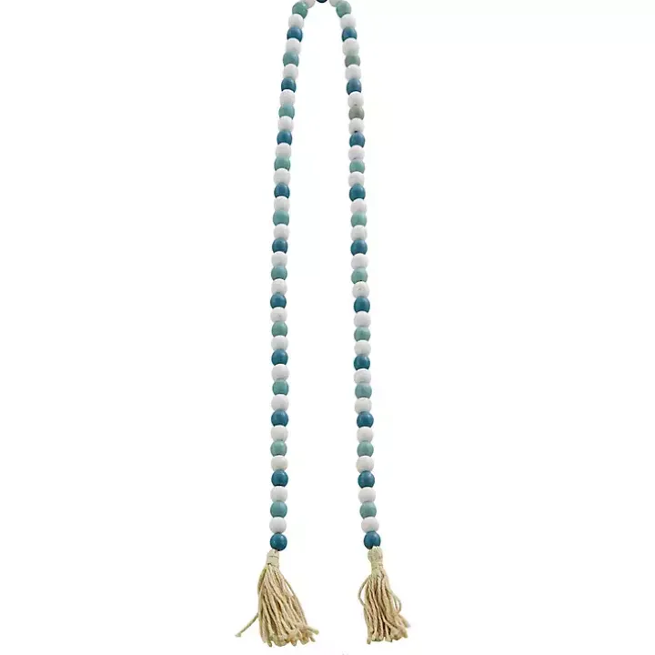 Blue and White Wood Beaded Tassel Garland