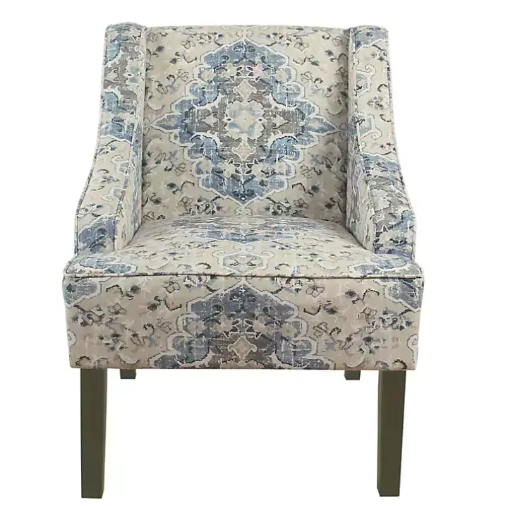 Blue Antiqued Medallion Swoop Arm Accent Chair