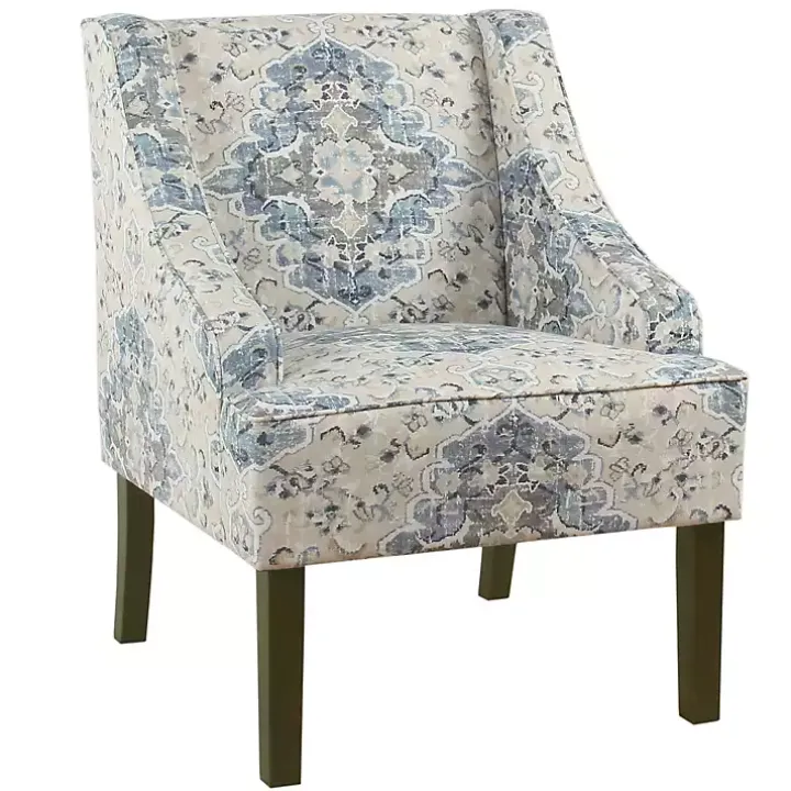 Blue Antiqued Medallion Swoop Arm Accent Chair