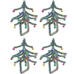 Blue Beaded Christmas Tree Napkin Rings, Set of 4