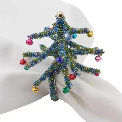 Blue Beaded Christmas Tree Napkin Rings, Set of 4