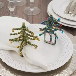 Blue Beaded Christmas Tree Napkin Rings, Set of 4