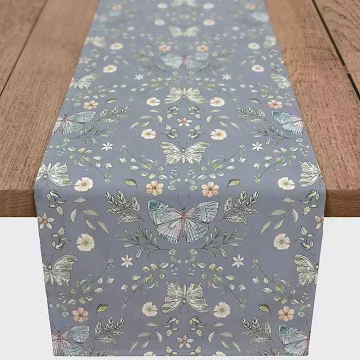 Blue Botanical Butterfly Table Runner, 72 in.
