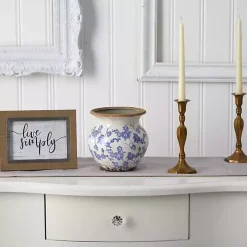 Blue Bulous Floral Scroll Ceramic Vase, 7 in.