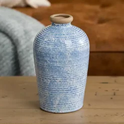 Blue Ceramic Textured Lines Vase, 9 in.