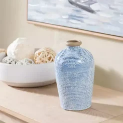 Blue Ceramic Textured Lines Vase, 9 in.