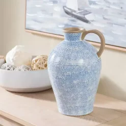 Blue Ceramic Textured Lines Vase, 12 in.