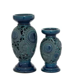 Blue Ceramic Tiered Base Candle Holders, Set of 2
